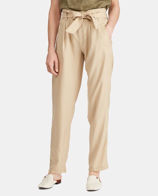 beige tie waist trousers