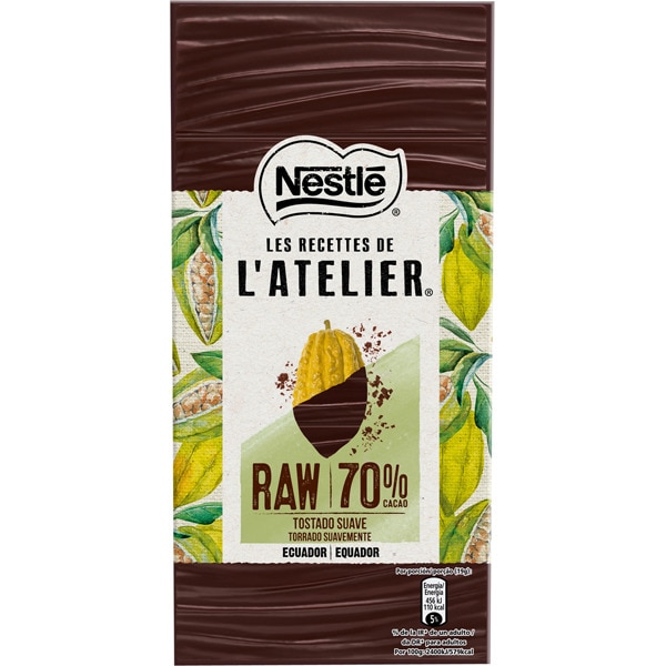 Raw chocolate negro de Ecuador 70 tostado suave tableta 95 g · NESTLE
