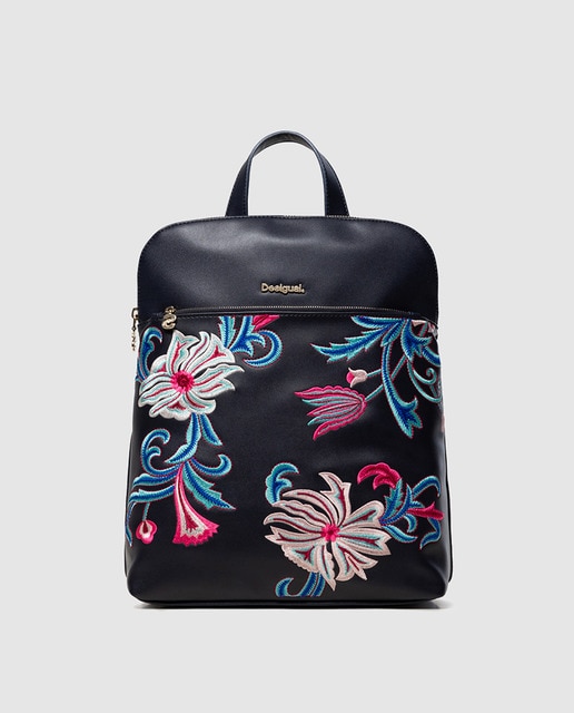 black backpack with flowers