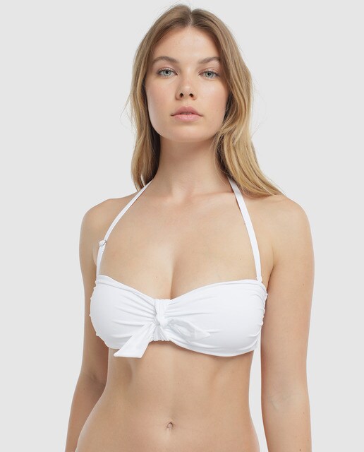 Copa Bandeau Y Blanco Fija Top Color De Bikini Escote Con Lazo En mN8nw0