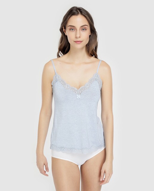 Camisola interior azul de mulher com renda