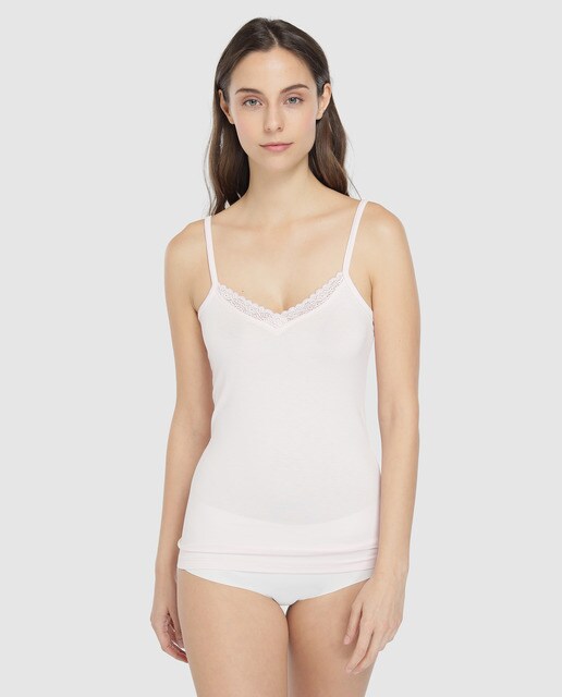 Camisola interior de alças rosa com renda