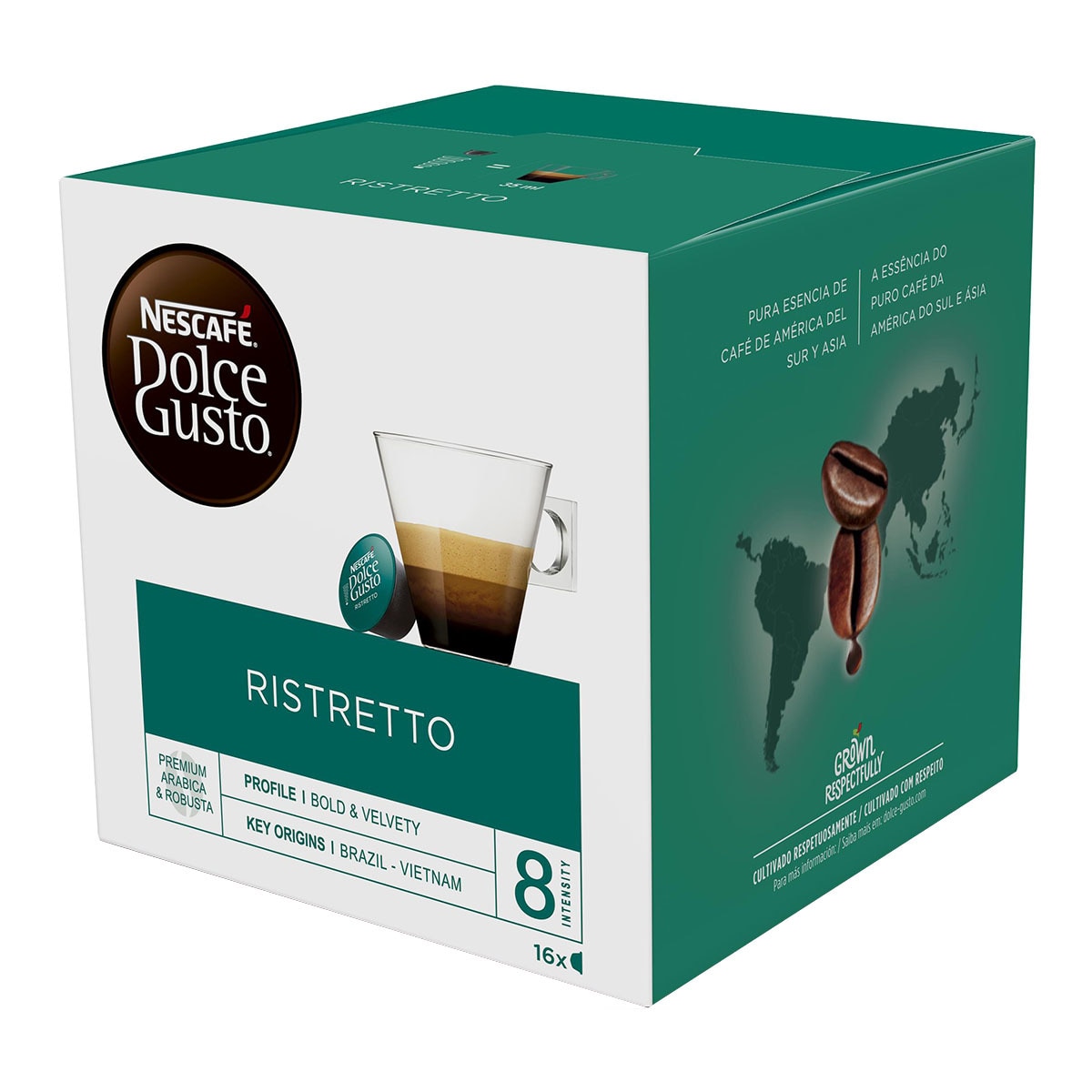 Estuche 16 cápsulas NESCAFE DOLCE GUSTO café espresso Ristretto Premium arábica y robusta de Brasil y Vietnam intensidad 8