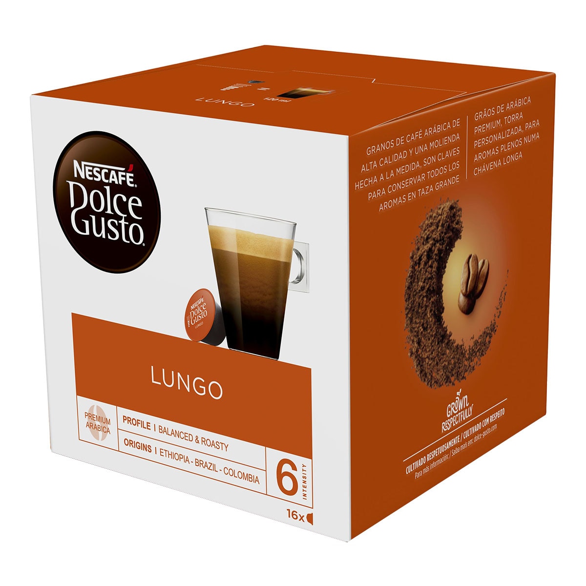 Nescafe Dolce Gusto - Estuche 16 Cápsulas Dolce Gusto Café Lungo Premium Arábica De Ethiopía, Brasil Y Colombia De Intensidad 6.