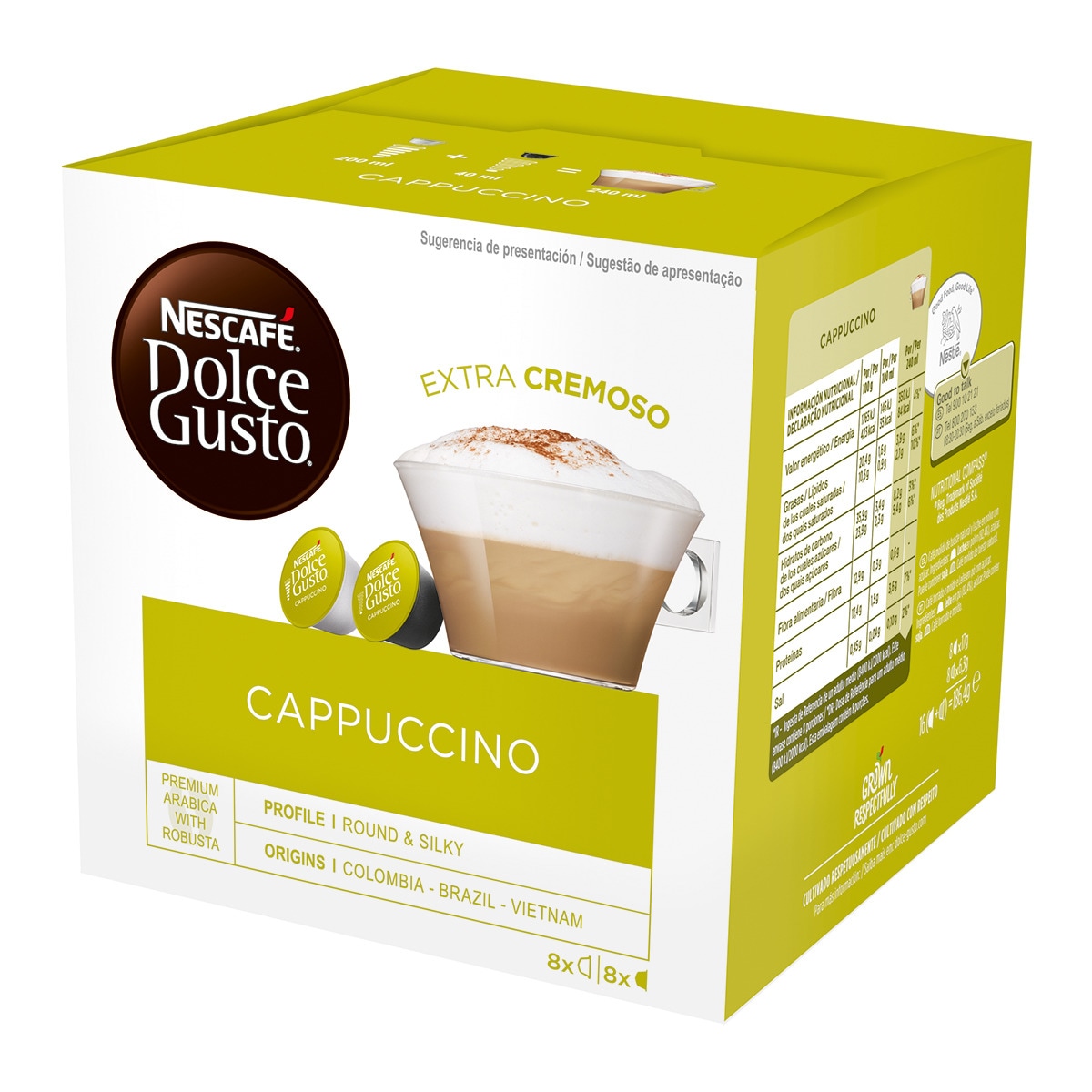 Nescafe Dolce Gusto - Estuche 8 Cápsulas De Café + 8 Cápsulas De Leche Nescafe Dolce Gusto Café Cappuccino Premium Arábica Y Robusta De Colombia, Brasil Y Vietnam Intensida.