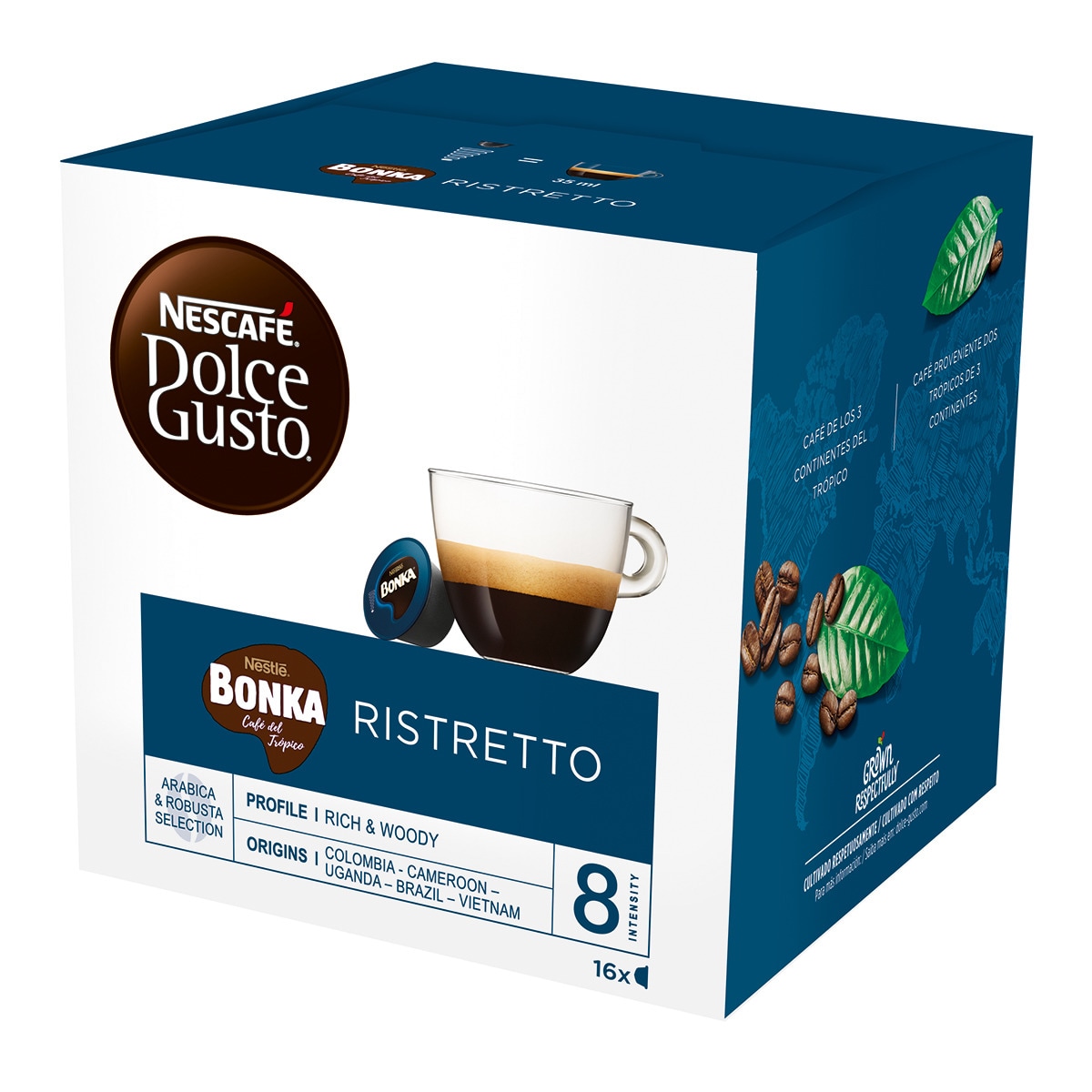 Nescafe Dolce Gusto - Estuche 16 Cápsulas Nescafe Dolce Gusto Bonka Ristretto Selección Arábica Y Robusta De Colombia, Camerún, Uganda, Brazil Y Vietnam Intensidad 8.