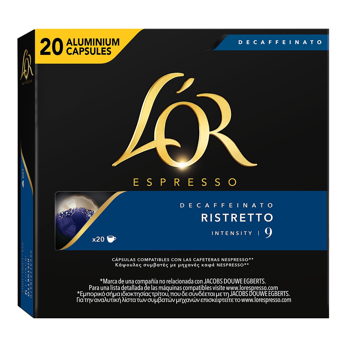 L'Or Espresso - Estuche 20 Cápsulas Café Decaffeinato Ristretto Intensidad 9 Compatibles Con Máquinas Nespresso En Oferta L'Or Espresso - Estuche 20 Cápsulas L'Or Espresso Café Decaffeinato Ristretto Intensidad 9 Compatibles Con Máquinas Nespresso Original.
