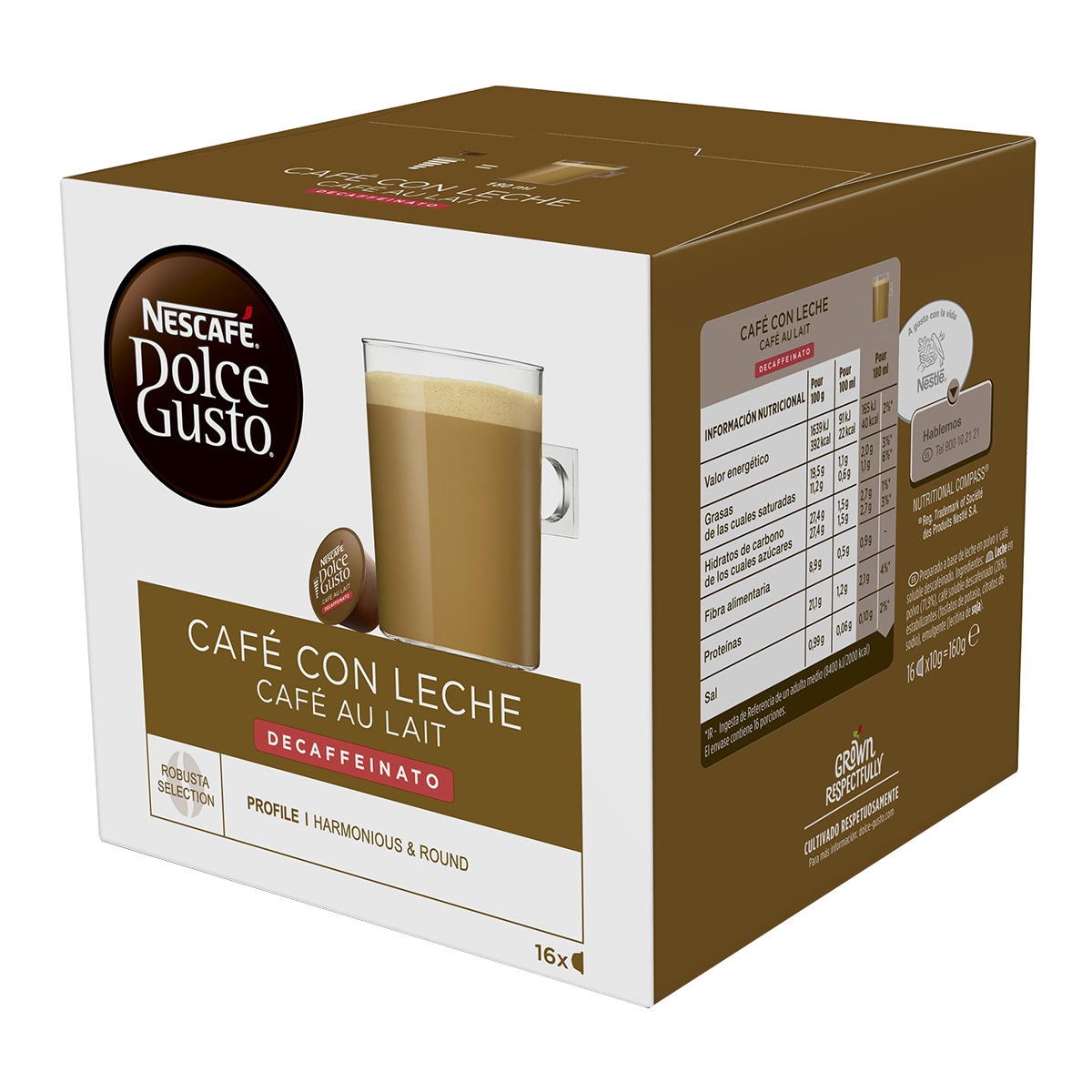 Nescafe Dolce Gusto - Estuche 16 Cápsulas Nescafe Dolce Gusto Café Con Leche Decaffeinato Selección Robusta.