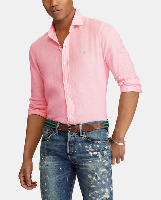 ralph lauren men's pink linen shirt