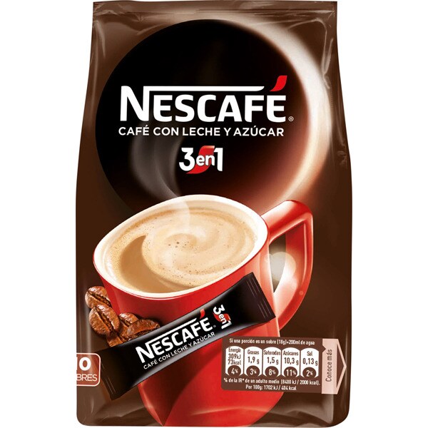 3 en 1 café soluble con leche y azúcar sabor suave 10