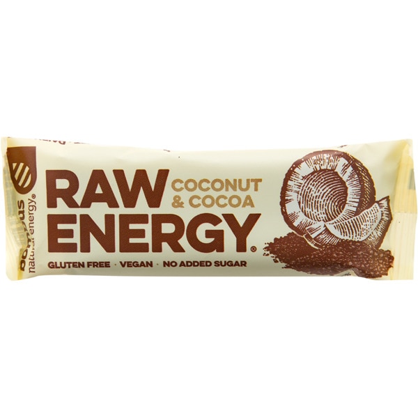 BOMBUS NATURAL ENERGY Raw Energy barrita energética de coco y cacao sin gluten y sin azúcar añadido envase 50 g