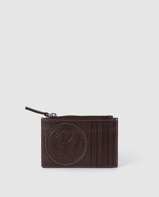 Porta-cartões de homem Dustin em pele castanho com logótipo da marca e porta-moedas