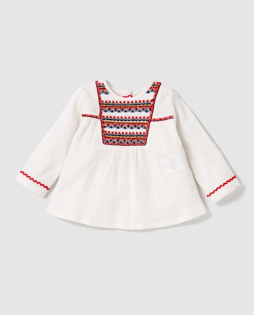 Blusa de bebé niña Brotes blanca con bordados multicolor