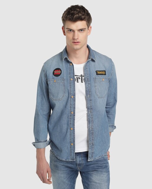 blue denim shirt mens outfit