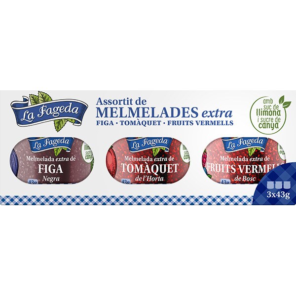 LA FAGEDA mermeladas surtidas extras higo negro, tomate de huerta y frutos rojos de bosque pack 3 envases 43 g con zumo de limón y azúcar de caña