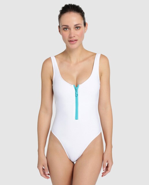 Mujer Aqüe Apparel Con Azul De Bañador Cremallera Blanco O8w0knP