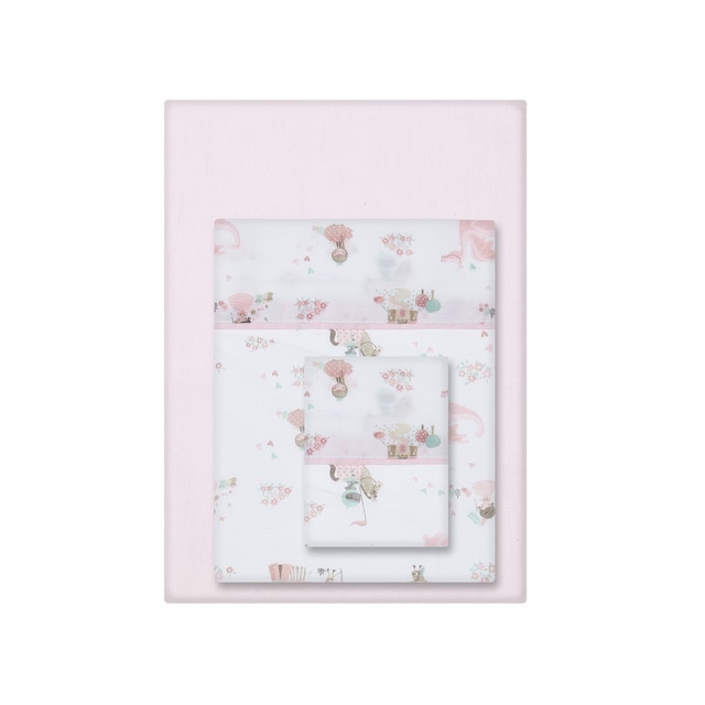 Juego de Sábanas 3 piezas para Cuna (60 x 120 cm.) Cotton Juice Baby Home Estampado Príncipes y Dragones rosa