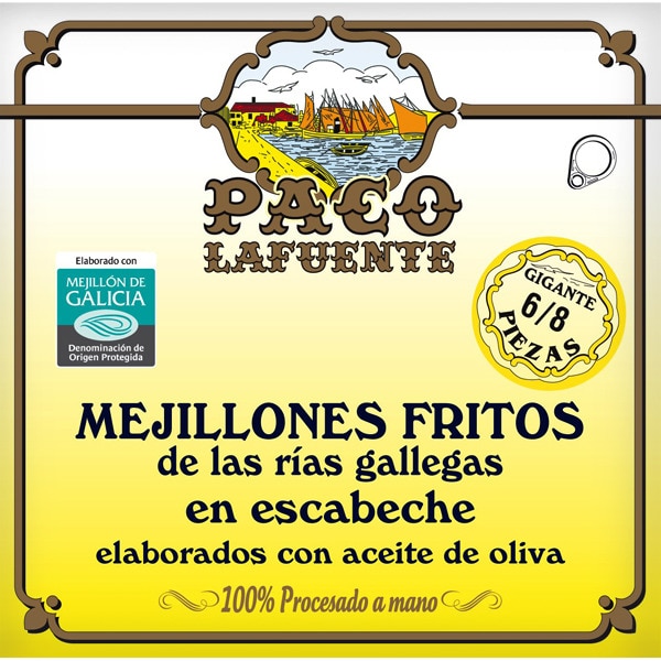 PACO LAFUENTE mejillones fritos en escabeche de las rías gallegas 6-8 piezas lata 75 g