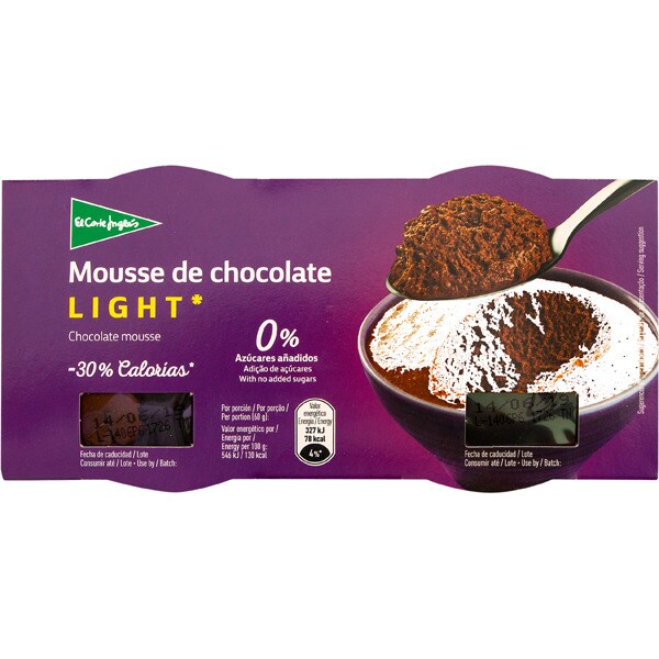 mousse de chocolate light 30 calorías 0 azúcares añadidos pack 2