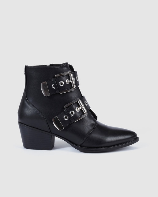 Botines de mujer Mustang estilo cowboy de color negro con hebillas