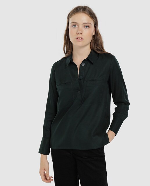 Camisa de mulher Easy Wear com colarinho de pólo e manga comprida