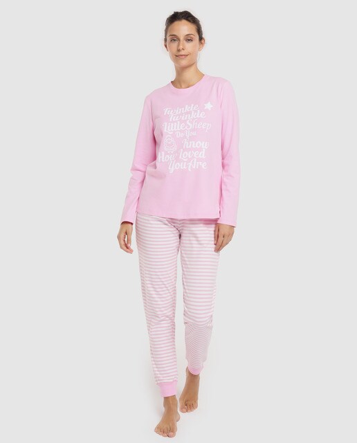 Pijama completo rosa às riscas