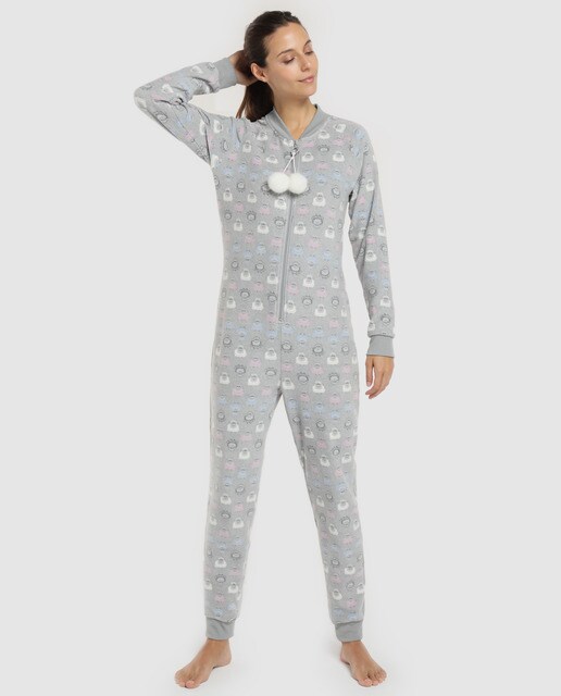 Macacão de forro polar cinzento estampado