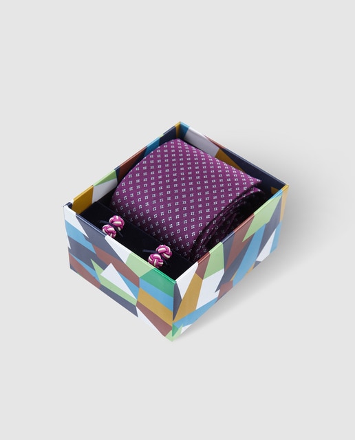 Estuche de corbata y gemelos Dustin de seda fucsia