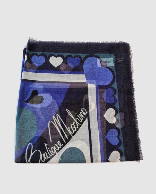 Lenço de lã Boutique Moschino em tons azuis com estampado da marca