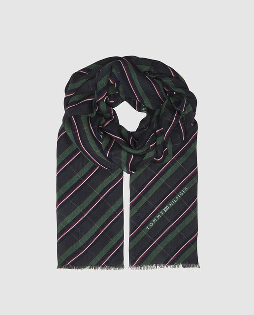Écharpe preta Tommy Hilfiger às riscas e com pormenor da marca