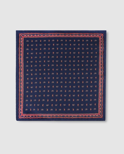 Lenço de bolso em seda azul-marinho com estampado de amebas e rebordo duplo