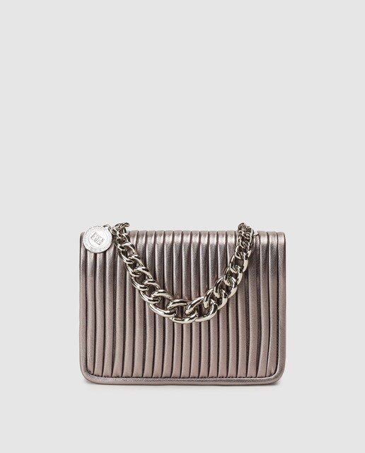 Mala a tiracolo pequena de mulher Gloria Ortiz Laika prateada em pele com asa de corrente