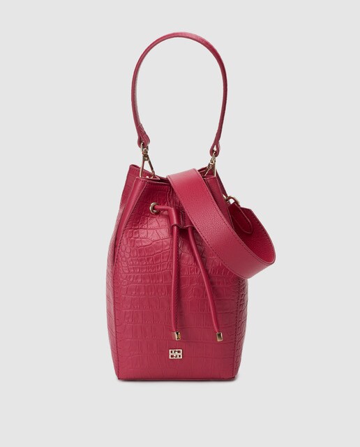 Mala tipo saco mini Gloria Ortiz Mars rosa em pele com gravura de casca de coco