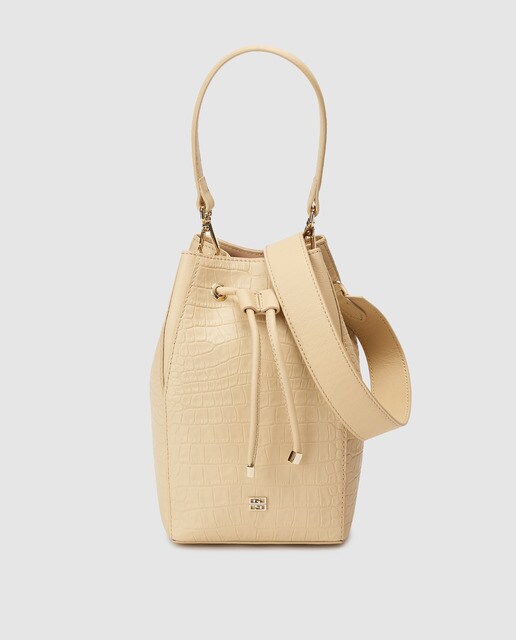 Mala tipo saco mini Gloria Ortiz Mars bege em pele com gravura de casca de coco