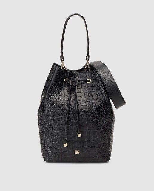 Mala tipo saco grande Gloria Ortiz Mars preta em pele com gravura de casca de coco