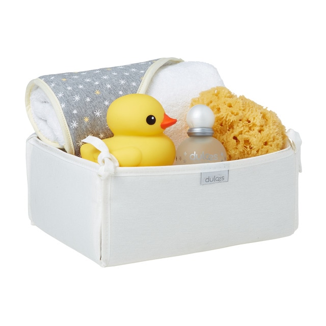 Pack de regalo de Baño Dulces: Capa de baño, Colonia, Canastilla, Pato y Esponja gris