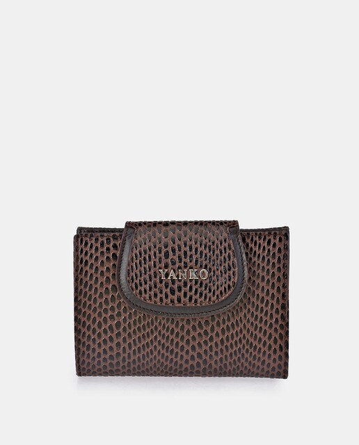 Cartera mini de mujer Yanko de piel grabada en marrón con doble compartimento Cartera mini de mujer Yanko de piel grabada en marrón con doble compartimento