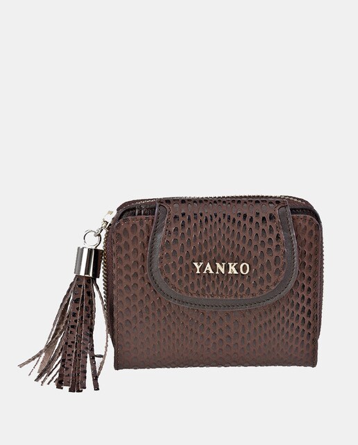 Cartera mini de mujer Yanko de piel grabada en marrón con doble compartimento Cartera mini de mujer Yanko de piel grabada en marrón con doble compartimento