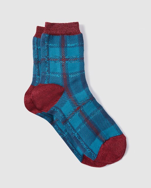 Meias de mulher July Khu Vintage aos quadrados escoceses de fio metalizado