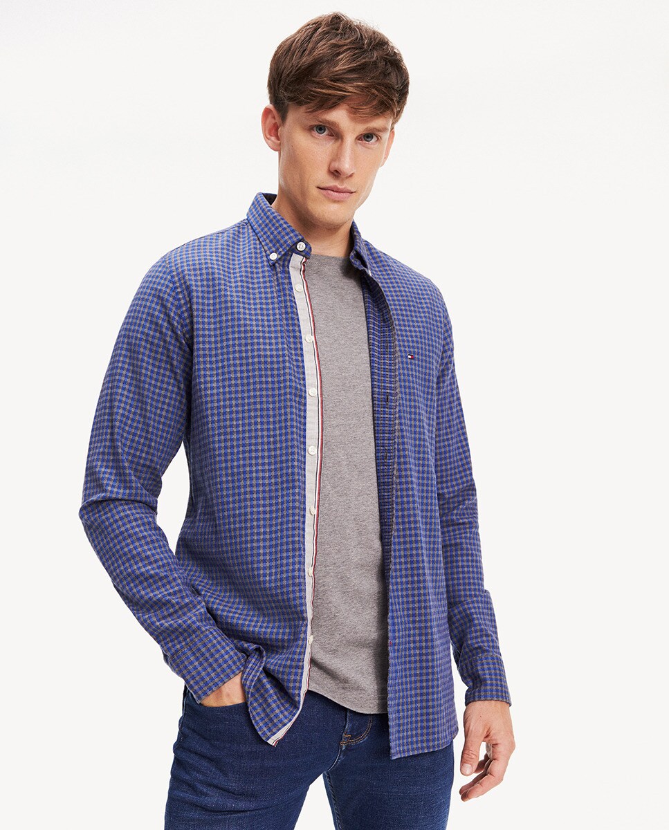 Image of Men's slim-fit two-tone checked dobby shirt, Multicoloured.