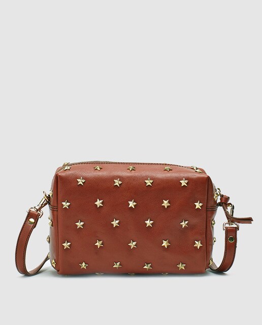 Mala a tiracolo pequena de mulher Mercules laranja em pele de bovino com all over print de estrelas