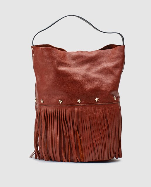 Mala tipo balde Mercules Racer Bucket Fringes laranja em pele de bovino