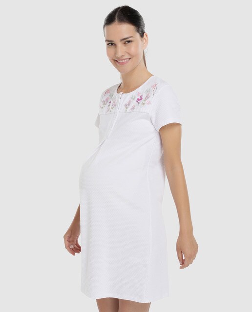 Camisón premamá blanco corto con detalle floral · Lazo Premamá · Moda