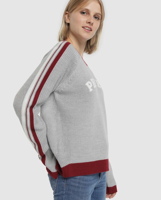 Camisola de malha de mulher com risca posicional nas mangas e mensagem