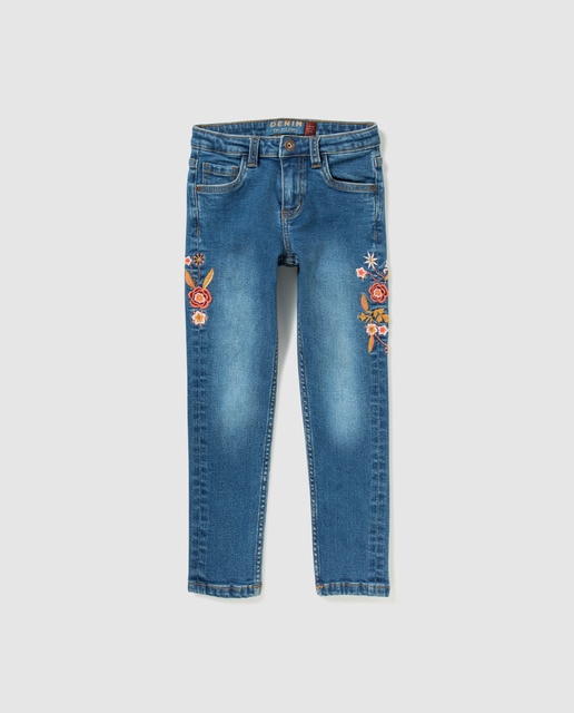 Pantalón vaquero de niña Brotes en azul con bordado de flores