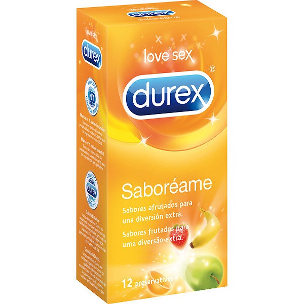 DUREX Saboréame preservativos con aromas y sabores platano fresa manzana verde y naranja caja 12 unidades con forma Easy On