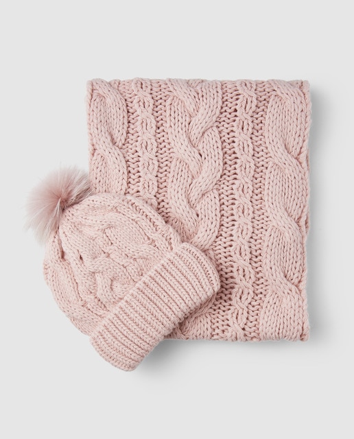 Conjunto de punto Easy Wear de gorro y cuello rosa