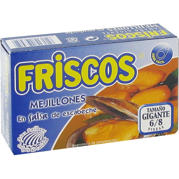 FRISCOS mejillones en salsa de escabeche de las rías gallegas 6-8 piezas lata 69 g neto escurrido