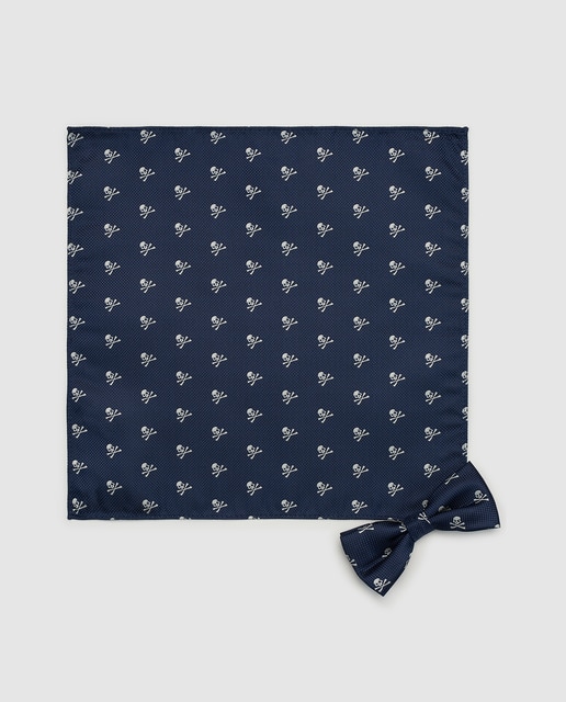 Set de pajarita y pañuelo de bolsillo en poliéster azul marino con calaveras