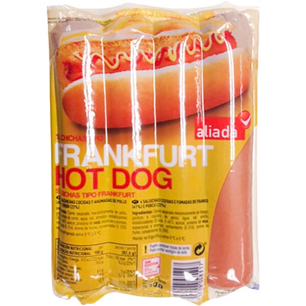 Salsichas Tipo Frankfurt Hot Dog embalagem 330 g - ALIADA - Nutripédia